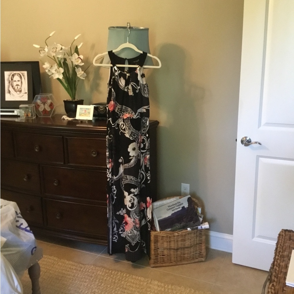 White House Black Market -Black Maxi Dress with Pink and Cream Floral Print-NWOT